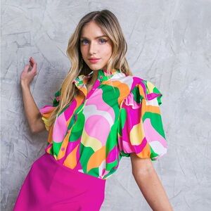 Flying Tomato Multicolor Retro Print Puff Sleeve Blouse
